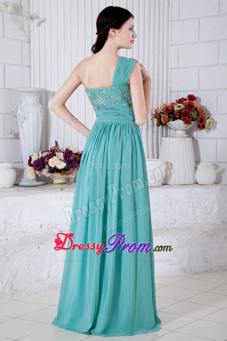 Turquoise Chiffon One Shoulder Prom Theme Dresses with Beading