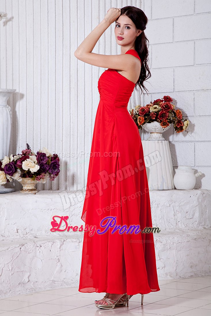 Ruched Red One Shoulder Prom Theme Dresses of Ankle Length 2014
