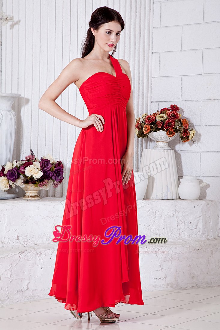 Ruched Red One Shoulder Prom Theme Dresses of Ankle Length 2014
