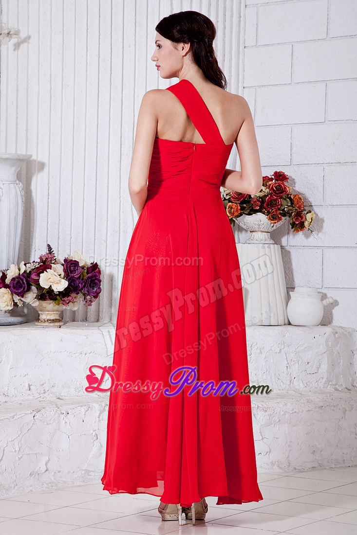 Ruched Red One Shoulder Prom Theme Dresses of Ankle Length 2014