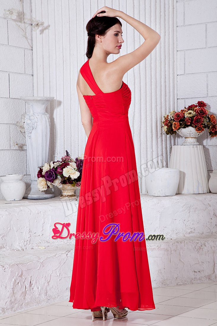 Ruched Red One Shoulder Prom Theme Dresses of Ankle Length 2014