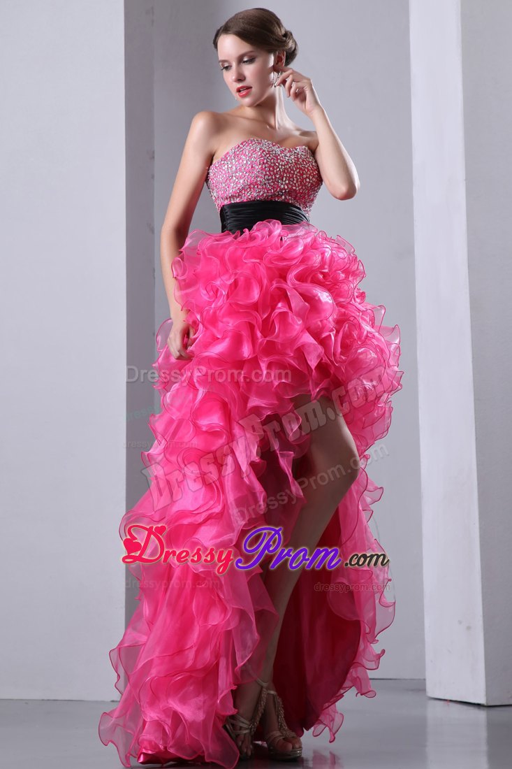with Slit Hot Pink Ruffled Layers Prom Dress with Sash