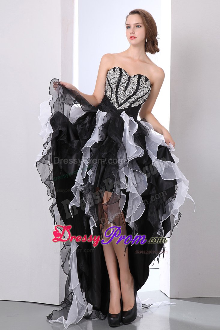 White and Black High-low Prom Theme Dress with Ruffles and Beading