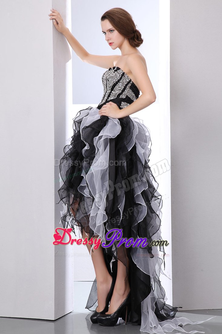 White and Black High-low Prom Theme Dress with Ruffles and Beading