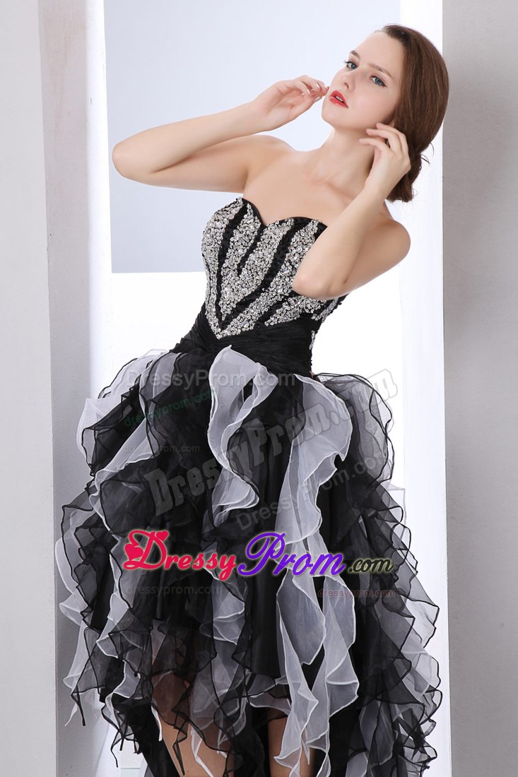 White and Black High-low Prom Theme Dress with Ruffles and Beading
