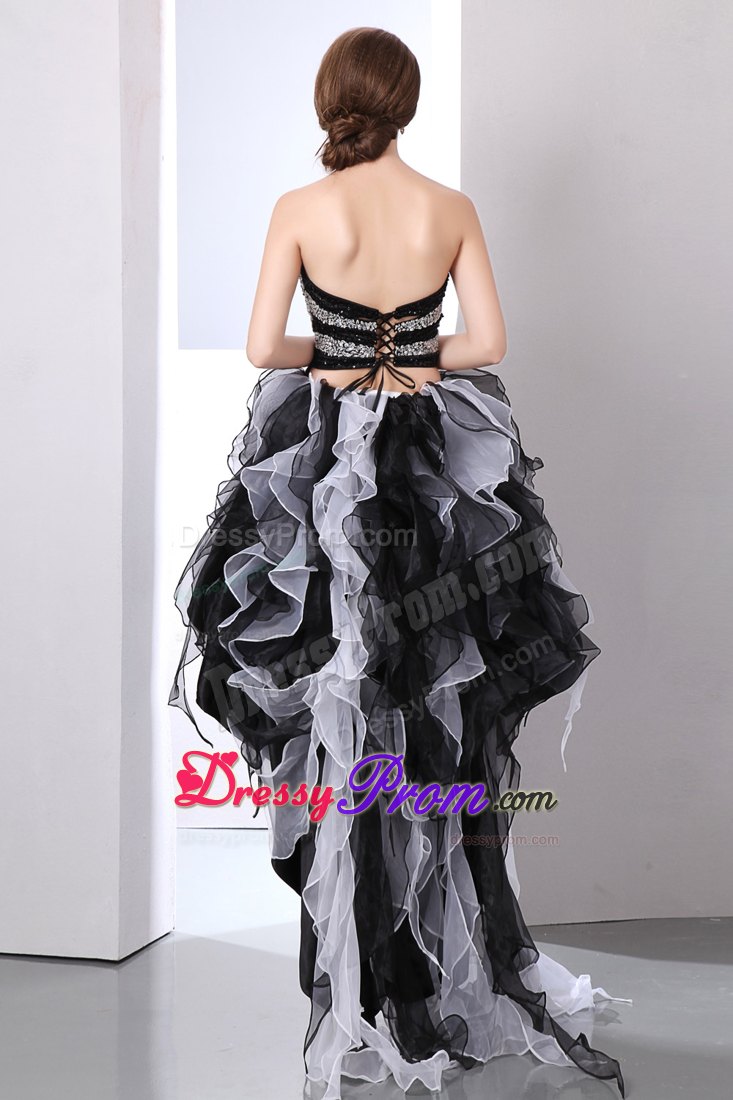 White and Black High-low Prom Theme Dress with Ruffles and Beading