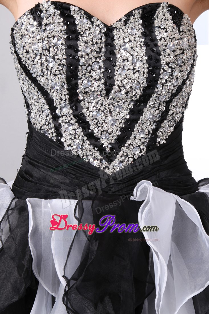 White and Black High-low Prom Theme Dress with Ruffles and Beading