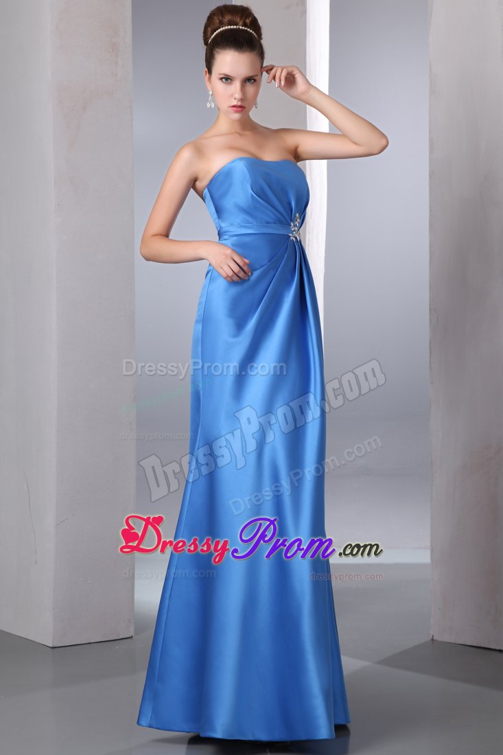 Ruched and Beaded Blue Column Floor Length Prom Theme Dresses