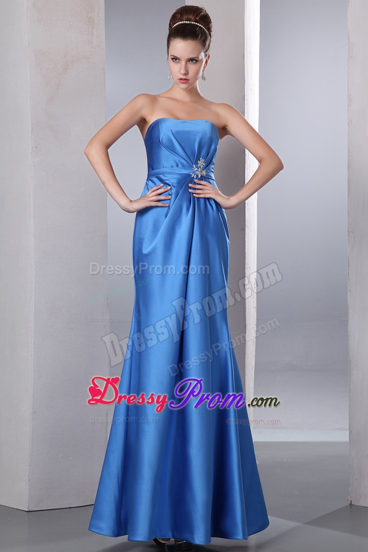 Ruched and Beaded Blue Column Floor Length Prom Theme Dresses