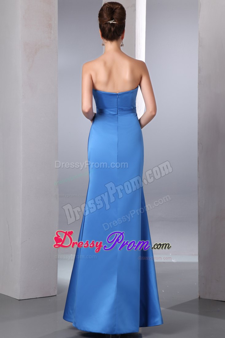 Ruched and Beaded Blue Column Floor Length Prom Theme Dresses