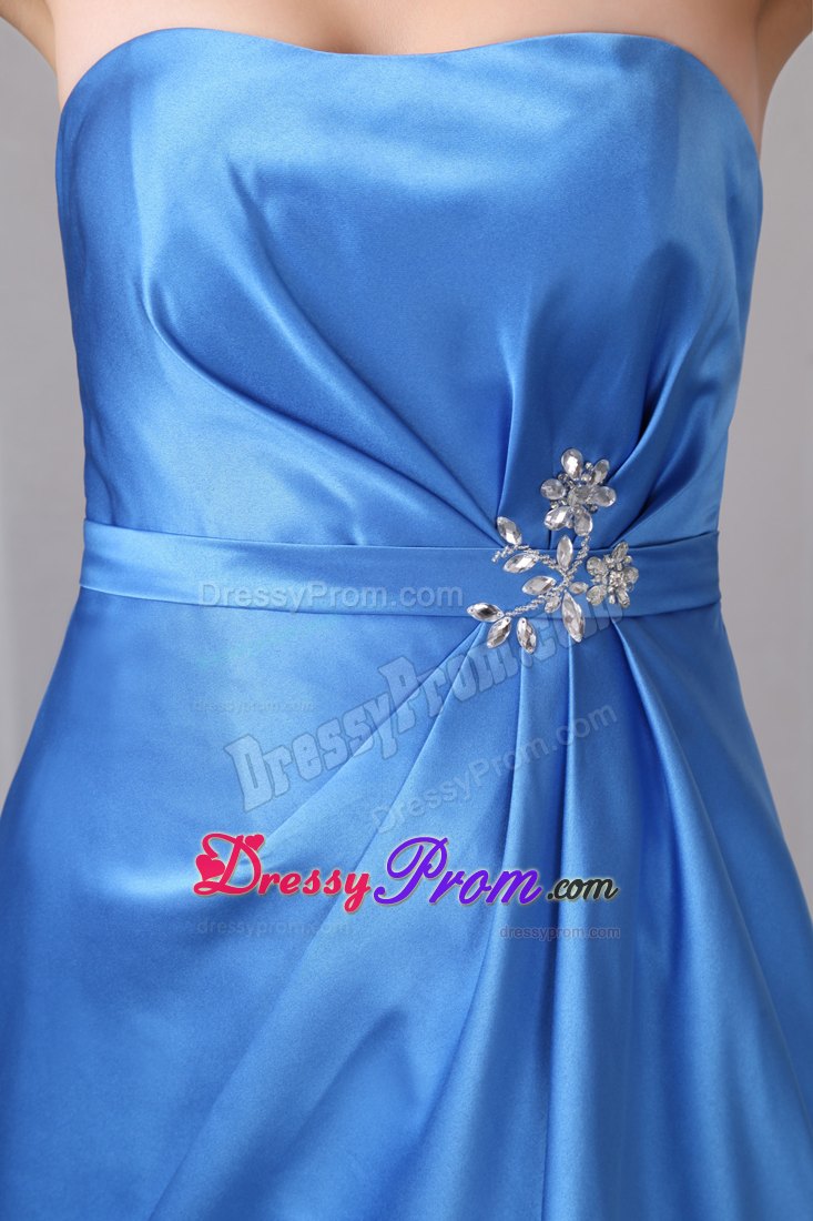 Ruched and Beaded Blue Column Floor Length Prom Theme Dresses