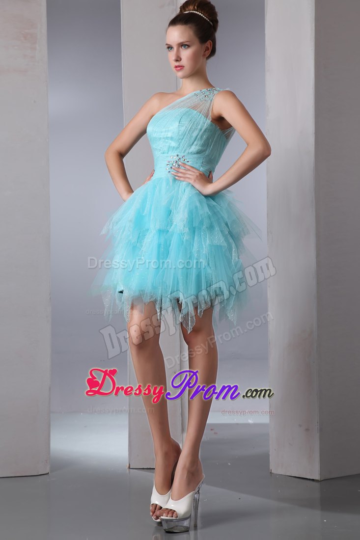 Beaded One Shoulder Ruffles Prom Theme Dress in Aqua Blue 2014