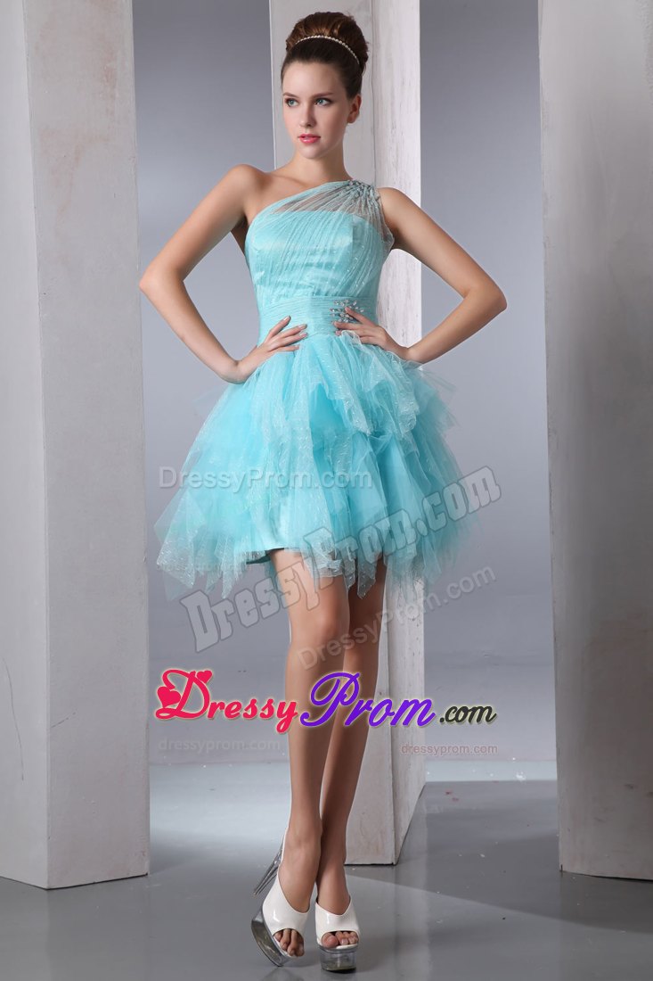Beaded One Shoulder Ruffles Prom Theme Dress in Aqua Blue 2014