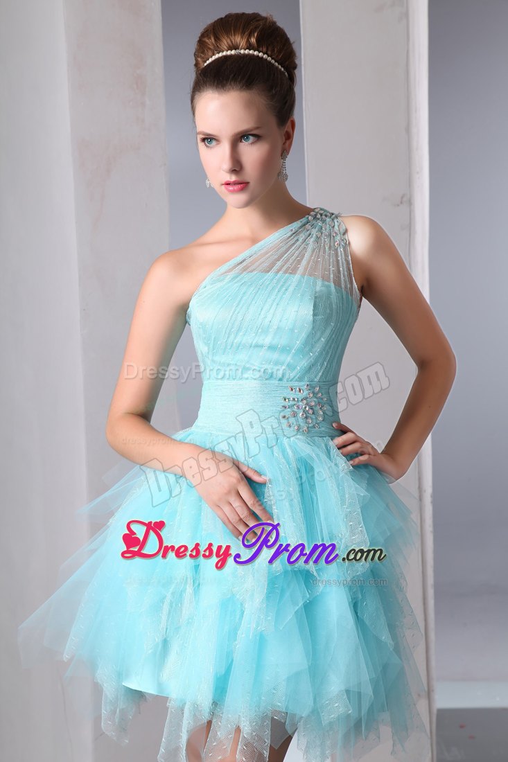 Beaded One Shoulder Ruffles Prom Theme Dress in Aqua Blue 2014