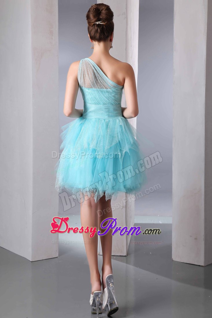 Beaded One Shoulder Ruffles Prom Theme Dress in Aqua Blue 2014