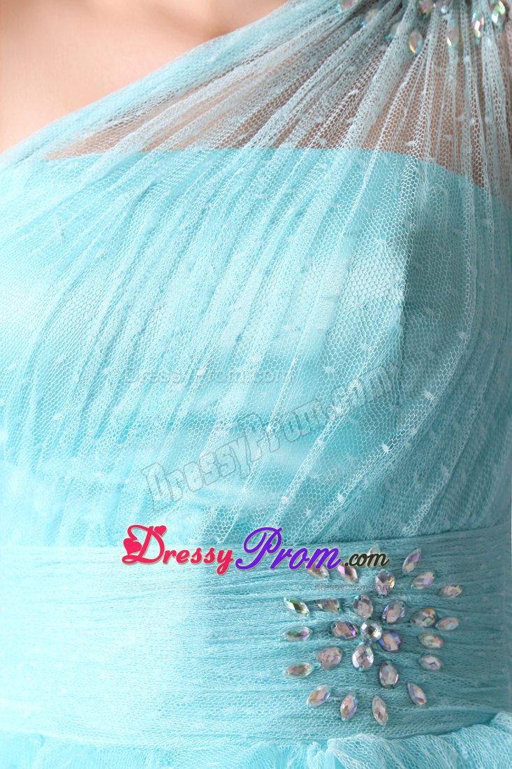 Beaded One Shoulder Ruffles Prom Theme Dress in Aqua Blue 2014