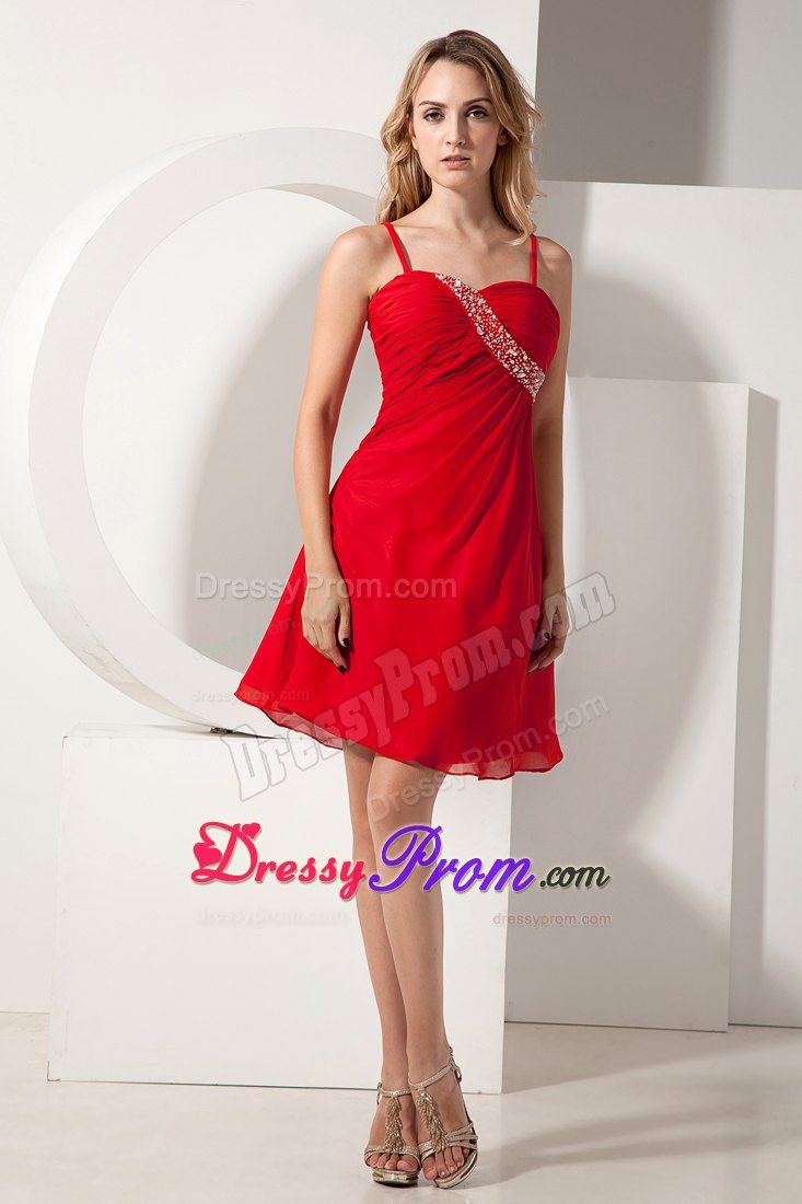 Spaghetti Straps Beading Ruches Red Chiffon Prom Theme Dresses