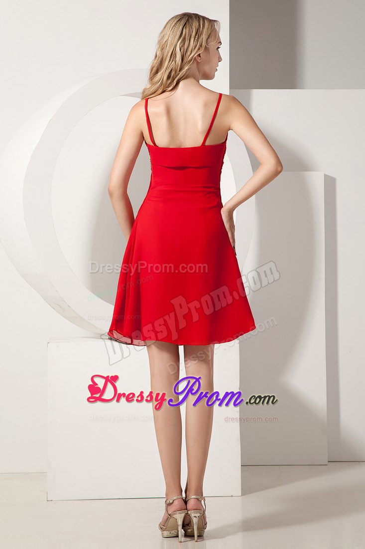 Spaghetti Straps Beading Ruches Red Chiffon Prom Theme Dresses