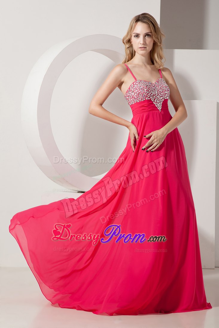 Beaded and Ruched Coral Red Prom Theme Dress with Spaghetti Straps