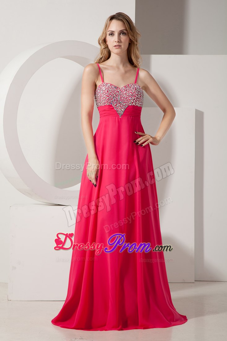 Beaded and Ruched Coral Red Prom Theme Dress with Spaghetti Straps