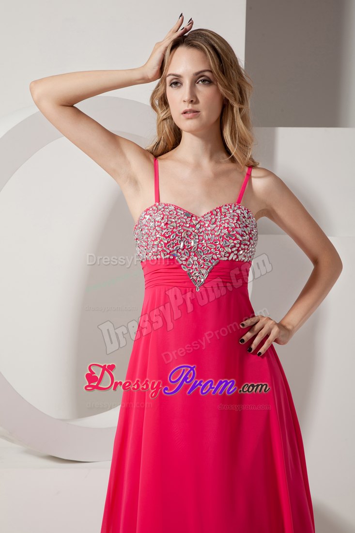 Beaded and Ruched Coral Red Prom Theme Dress with Spaghetti Straps