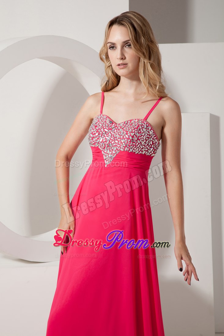 Beaded and Ruched Coral Red Prom Theme Dress with Spaghetti Straps