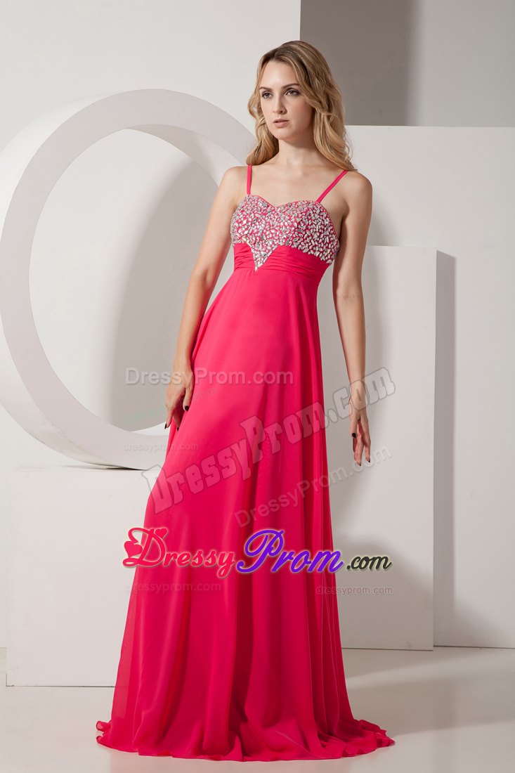 Beaded and Ruched Coral Red Prom Theme Dress with Spaghetti Straps