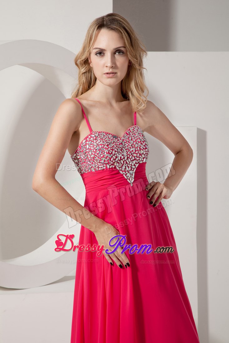 Beaded and Ruched Coral Red Prom Theme Dress with Spaghetti Straps