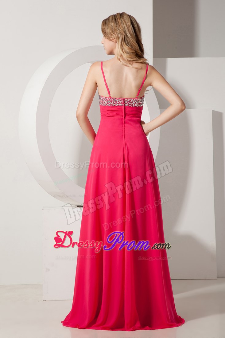 Beaded and Ruched Coral Red Prom Theme Dress with Spaghetti Straps