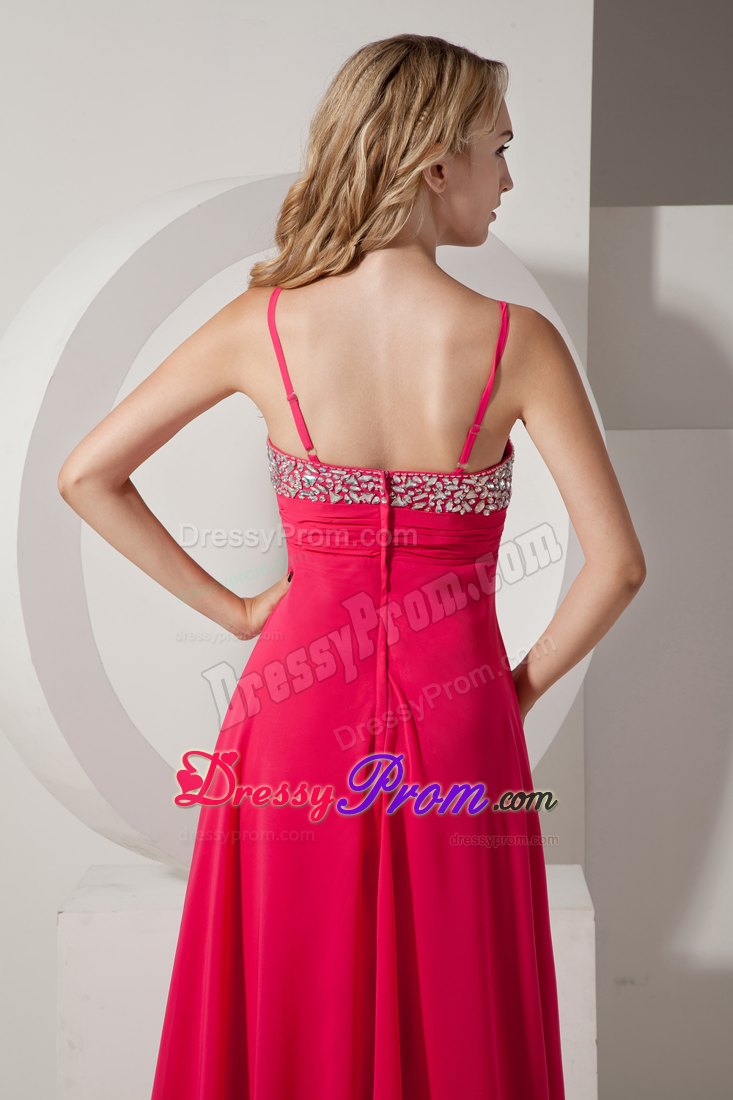 Beaded and Ruched Coral Red Prom Theme Dress with Spaghetti Straps