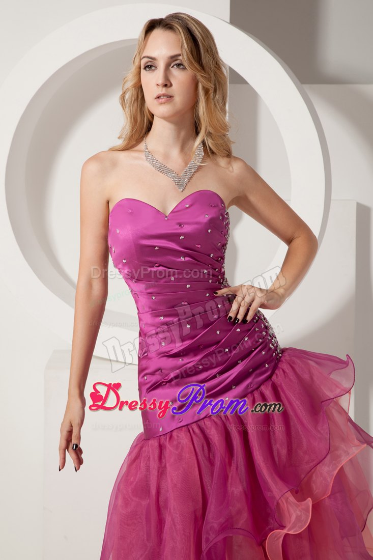 Fuchsia Asymmetrical Sweetheart Prom Theme Dresses with Beading