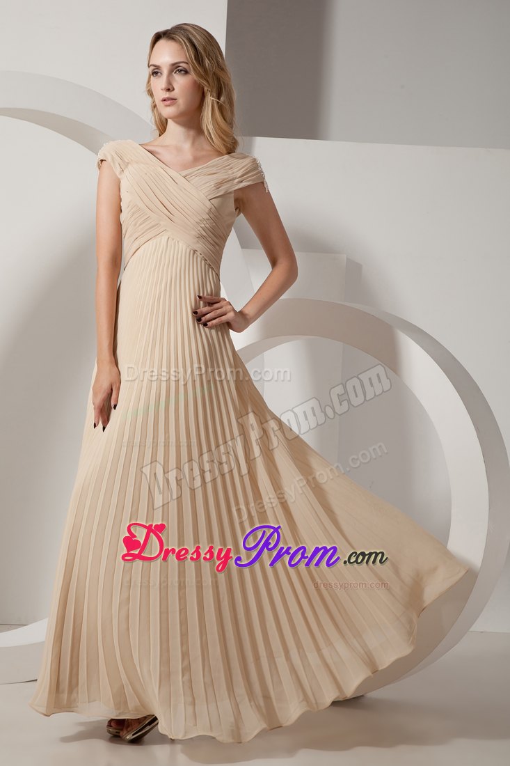 Champagne V-neck Chiffon Prom Theme Dress with Pleats and Ruches