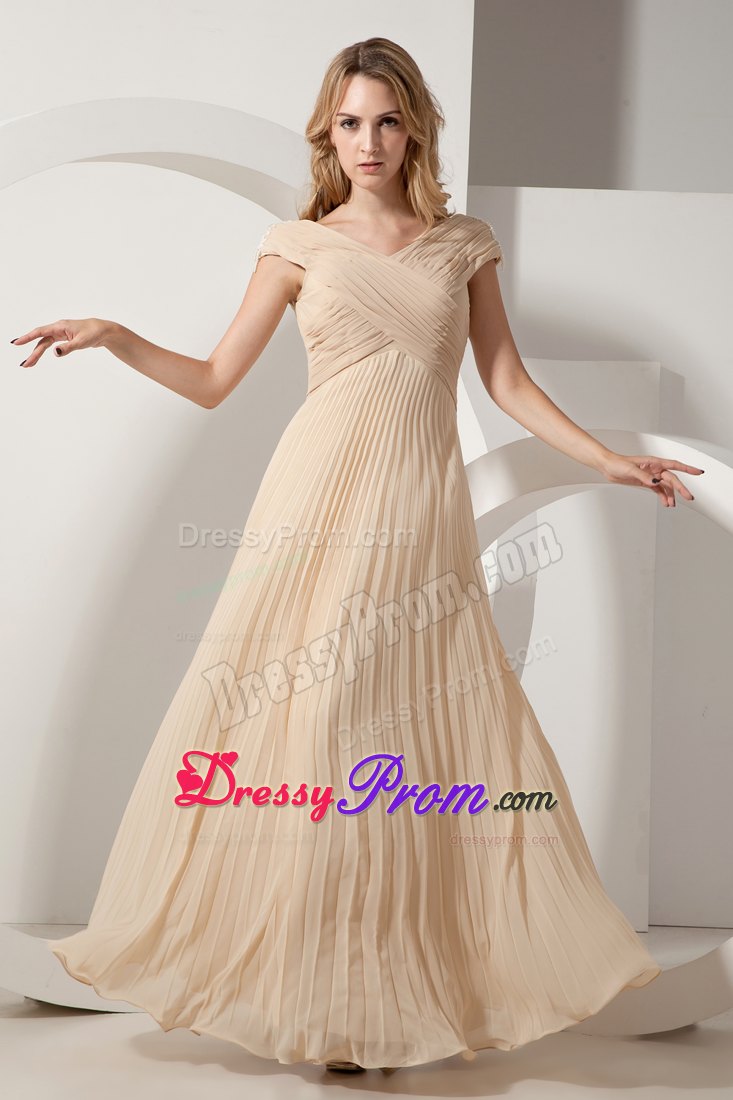 Champagne V-neck Chiffon Prom Theme Dress with Pleats and Ruches
