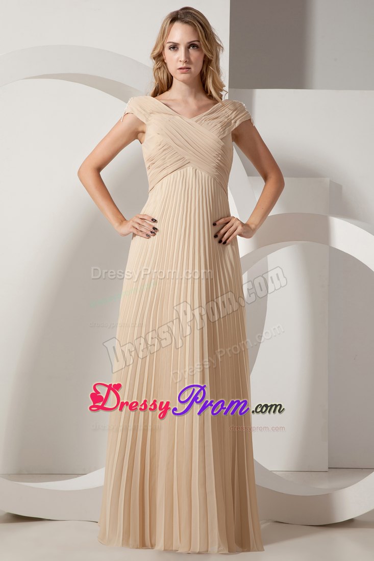 Champagne V-neck Chiffon Prom Theme Dress with Pleats and Ruches