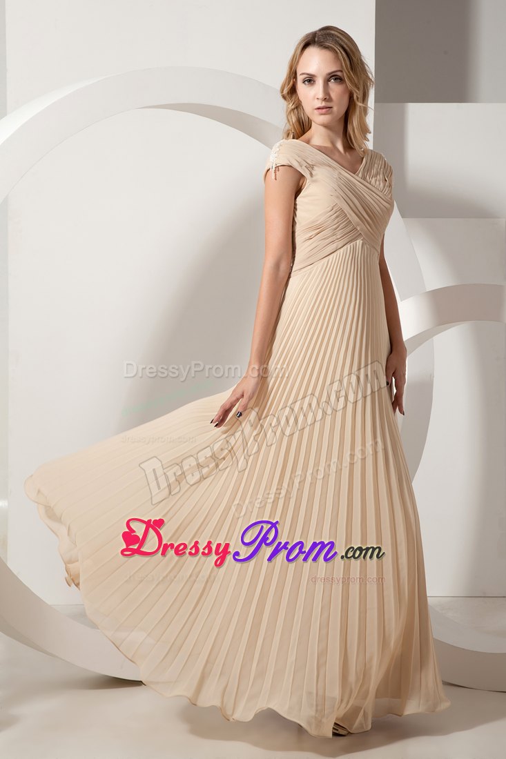 Champagne V-neck Chiffon Prom Theme Dress with Pleats and Ruches