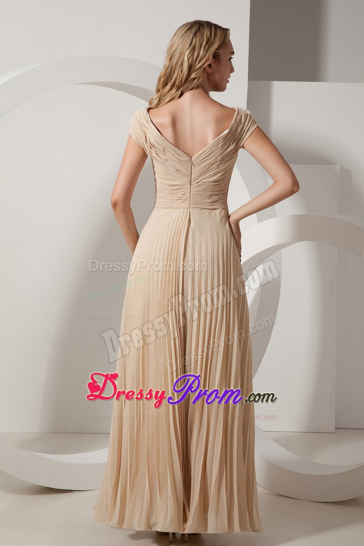 Champagne V-neck Chiffon Prom Theme Dress with Pleats and Ruches
