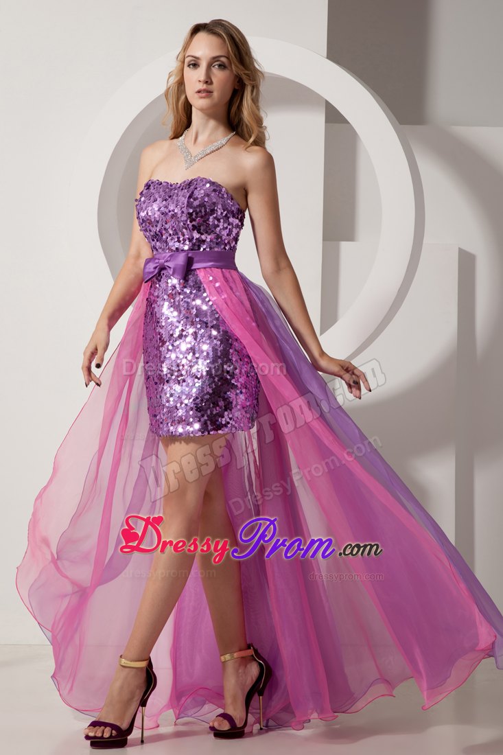 Purple and Pink Banded Waist Prom Dress High-low 2014