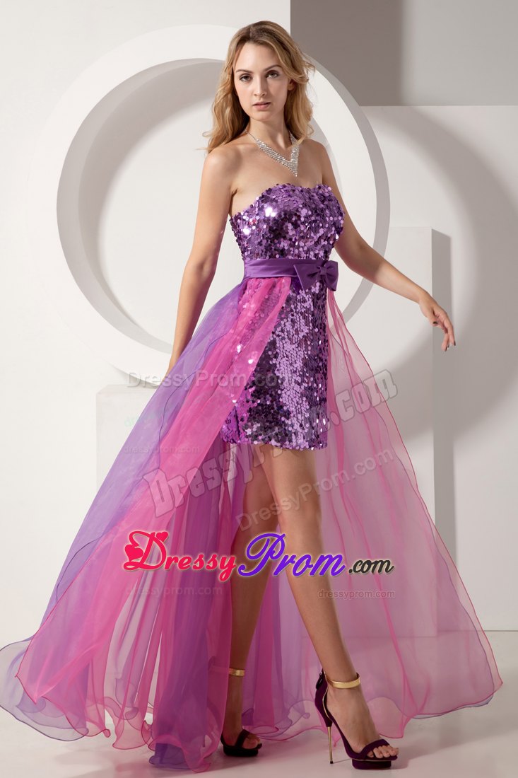 Purple and Pink Banded Waist Prom Dress High-low 2014