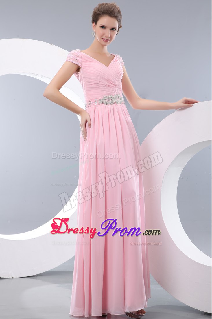 Beaded and Ruched Pink Chiffon Prom Theme Dress with Cap Sleeves