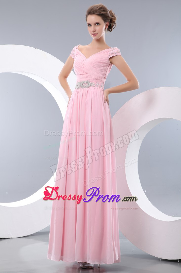 Beaded and Ruched Pink Chiffon Prom Theme Dress with Cap Sleeves