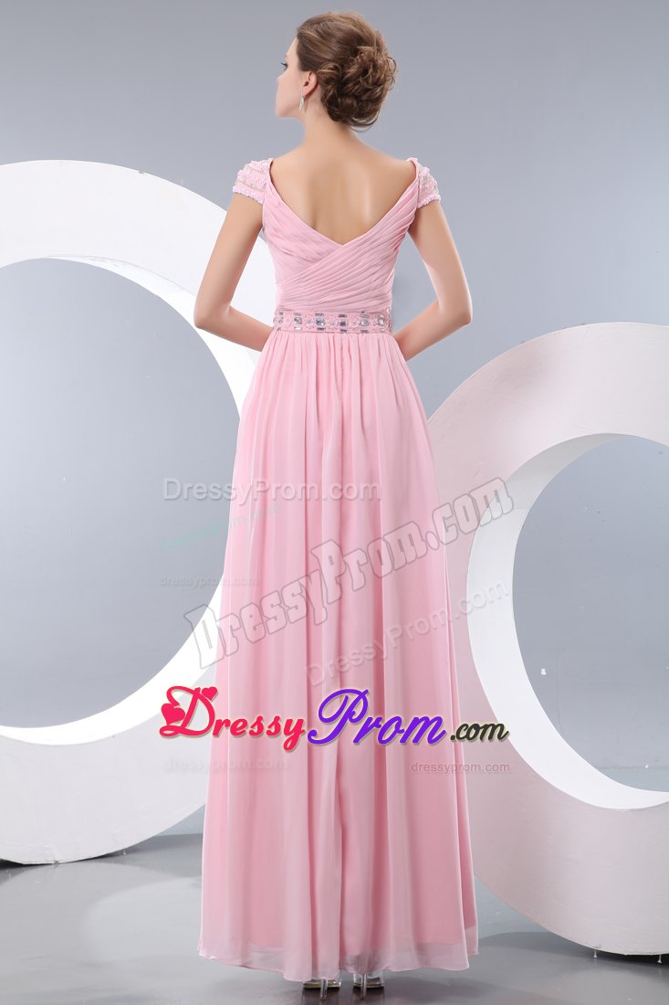 Beaded and Ruched Pink Chiffon Prom Theme Dress with Cap Sleeves