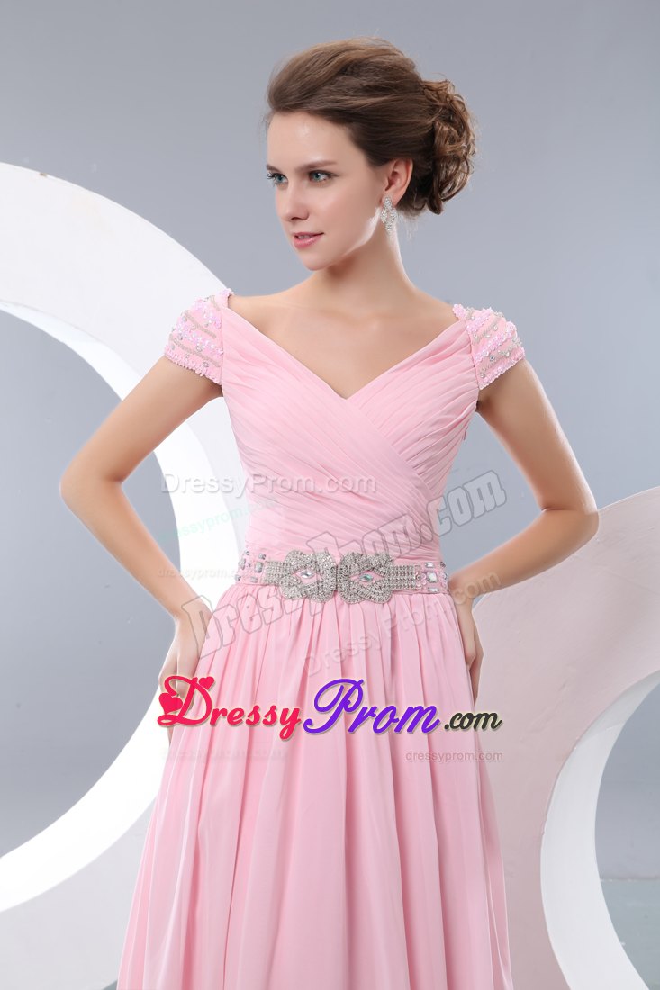 Beaded and Ruched Pink Chiffon Prom Theme Dress with Cap Sleeves
