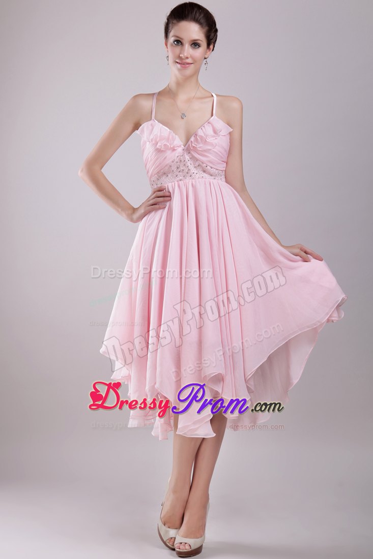 Halter Beaded Asymmetrical Pink Empire Chiffon Prom Theme Dress