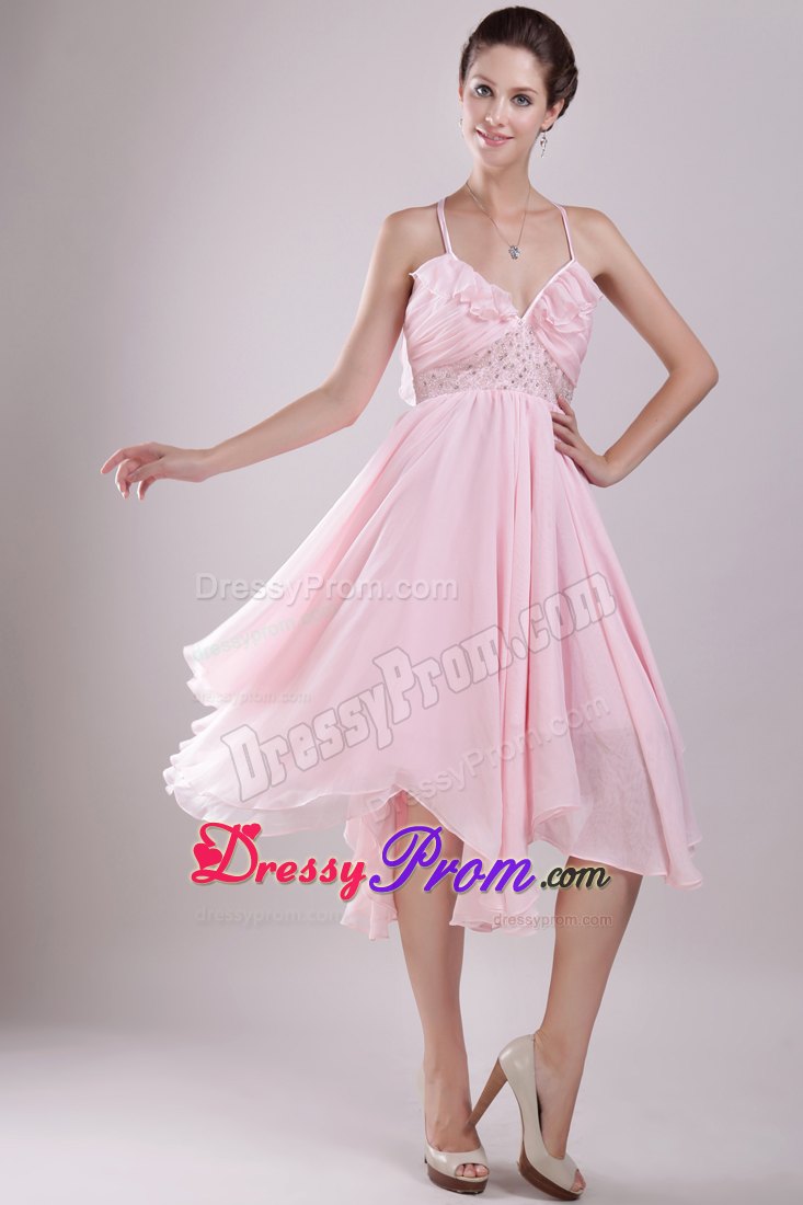 Halter Beaded Asymmetrical Pink Empire Chiffon Prom Theme Dress