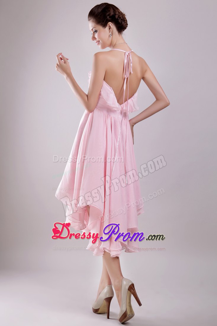 Halter Beaded Asymmetrical Pink Empire Chiffon Prom Theme Dress
