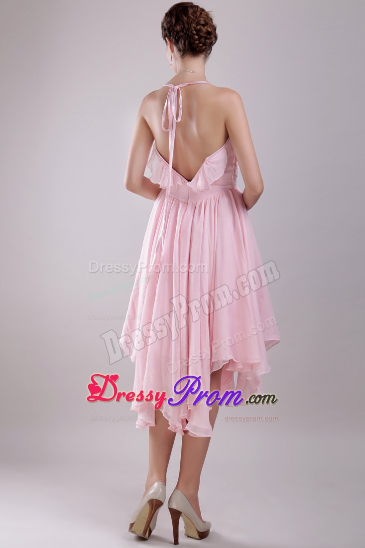 Halter Beaded Asymmetrical Pink Empire Chiffon Prom Theme Dress