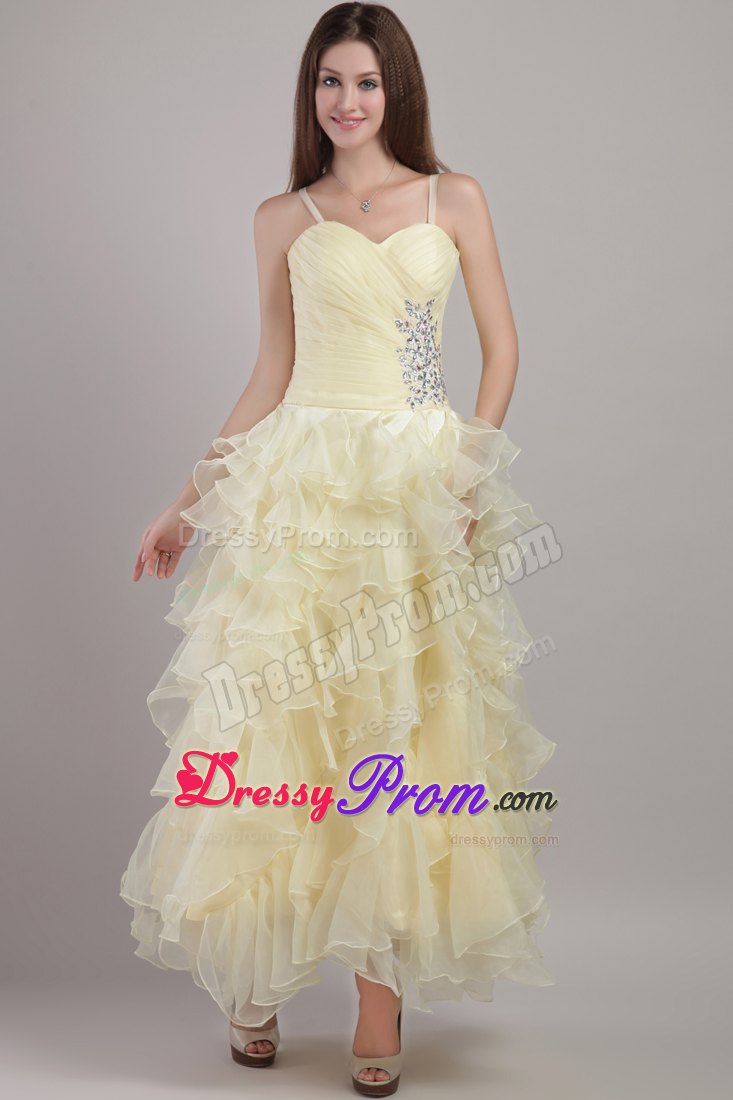 Spaghetti Straps Beading Ruffles Ankle Length Yellow Prom Dress