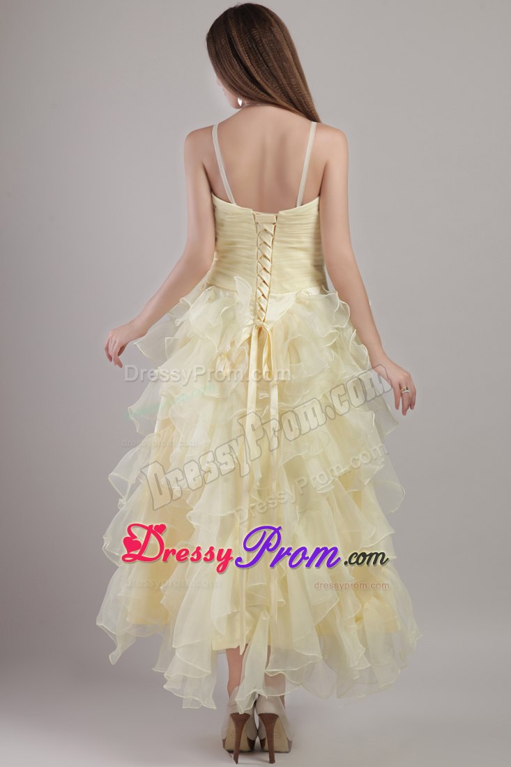 Spaghetti Straps Beading Ruffles Ankle Length Yellow Prom Dress