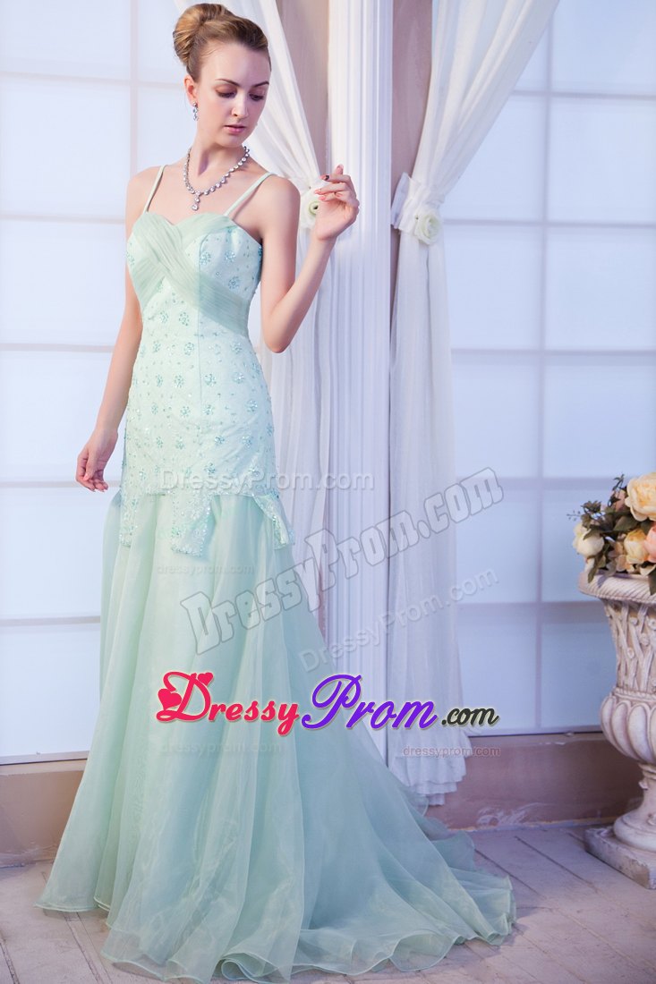 Beading Apple Green Prom Theme Dress with Spaghetti Straps 2014