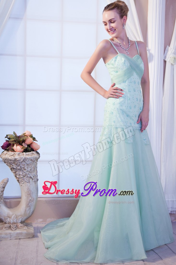 Beading Apple Green Prom Theme Dress with Spaghetti Straps 2014